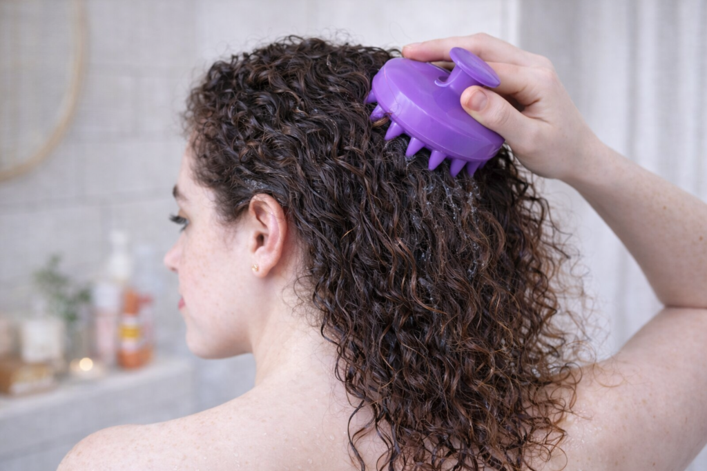 هل الماء العسر يُفسد تجعيدات شعرك؟ دليل تنظيف فروة الرأس لعام 2026 (الجزء الثاني) Woman with curly hair using a silicone scalp massager to apply a detox serum to remove mineral buildup.