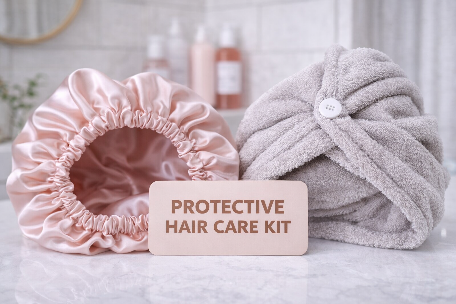 هل الماء العسر يُفسد تجعيدات شعرك؟ دليل تنظيف فروة الرأس لعام 2026 - الجزء الرابع Protective hair care kit featuring a satin bonnet and microfiber towel to prevent frizz and breakage.