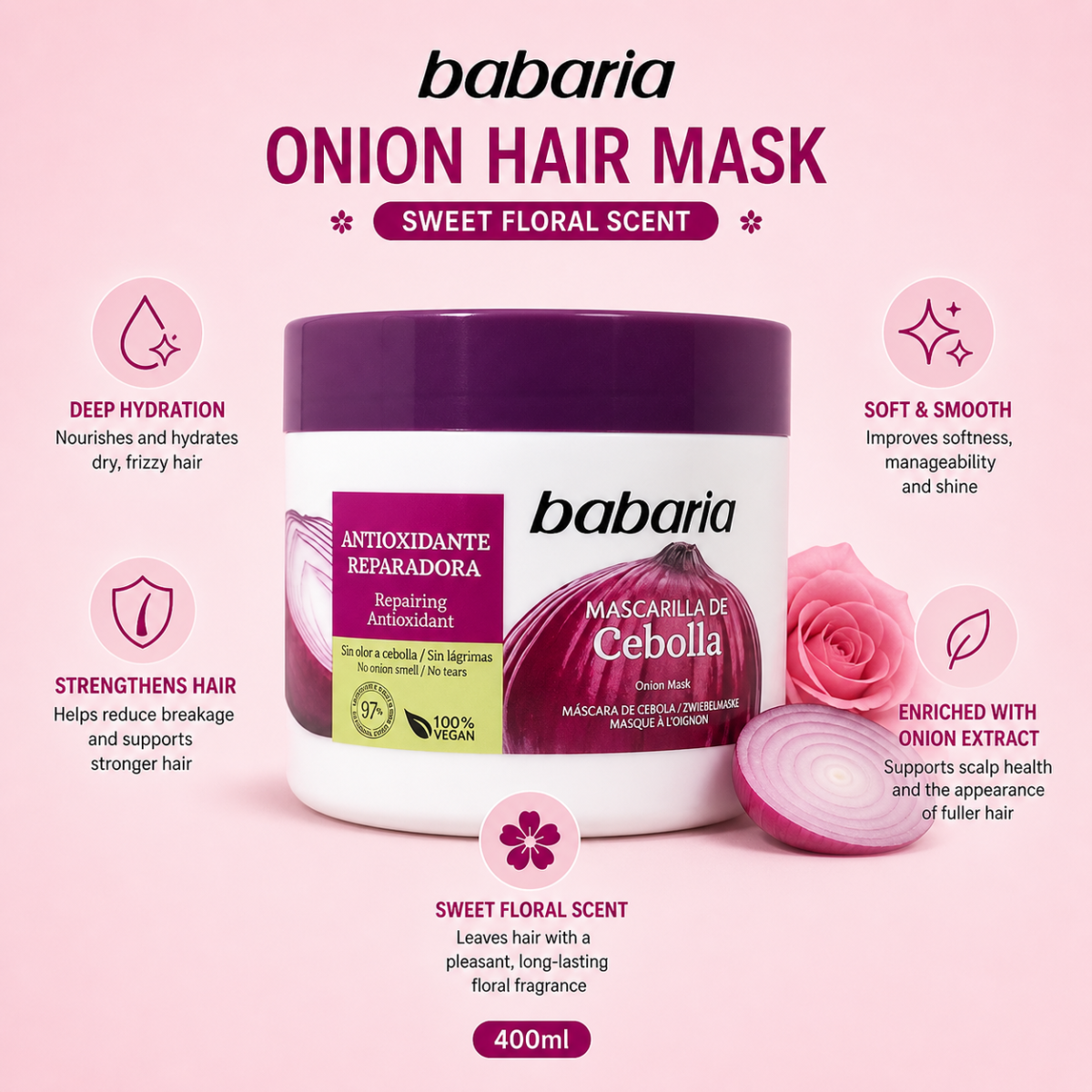 Babaria Onion Hair Mask 400ml – Sweet Floral Scent - Image 2