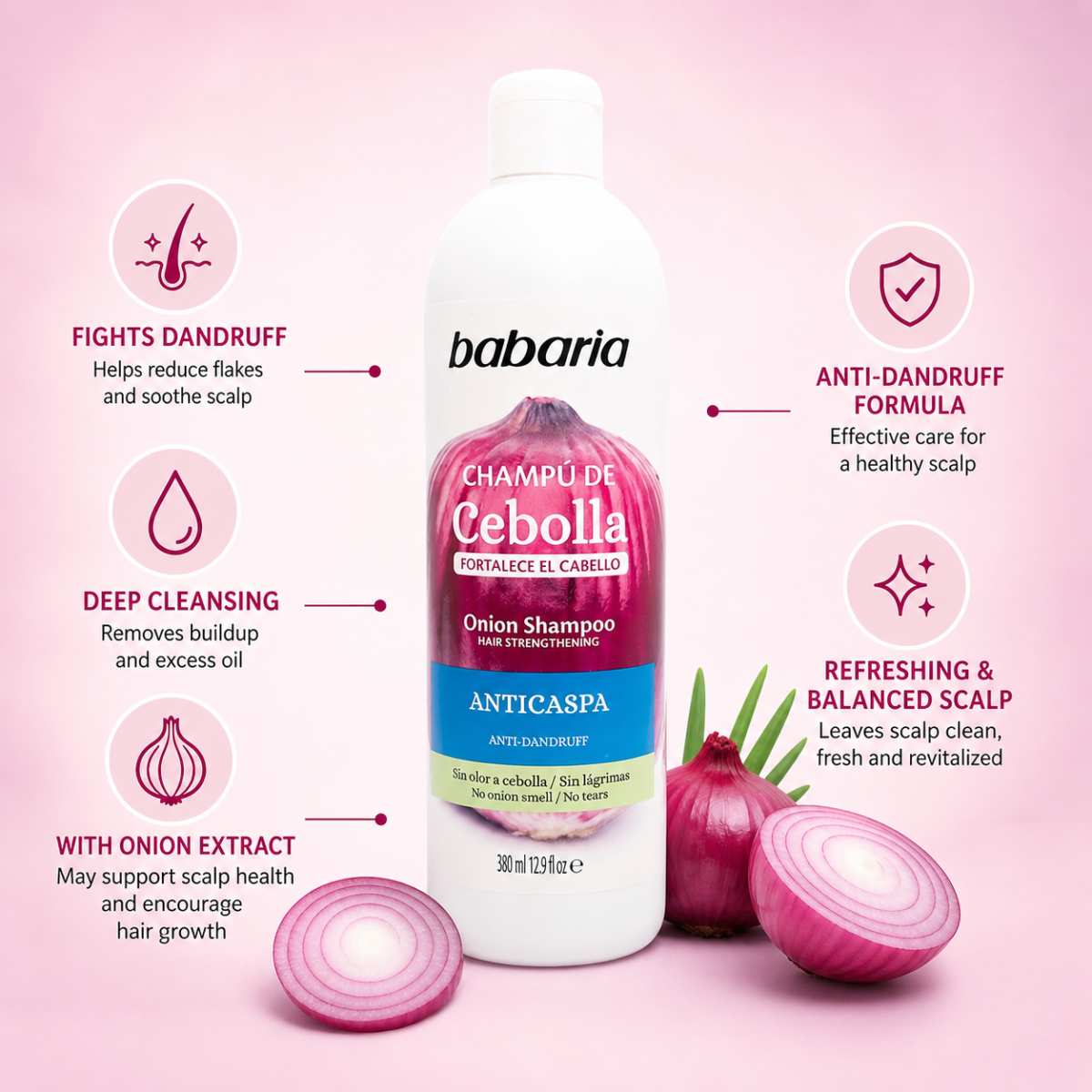 ⁦Babaria Onion Shampoo Anti-Dandruff 380ml⁩ - الصورة ⁦2⁩