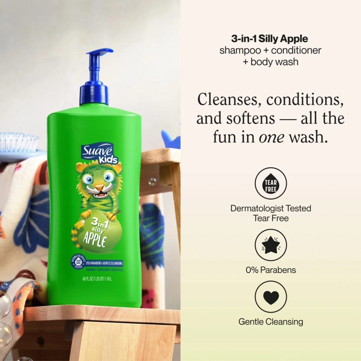 ⁦Suave Kids 3 in 1 Silly Apple Shampoo, Conditioner & Body Wash 1.18L – Tear-Free Kids 3-in-1 Gentle Cleansing Formula⁩ - الصورة ⁦7⁩