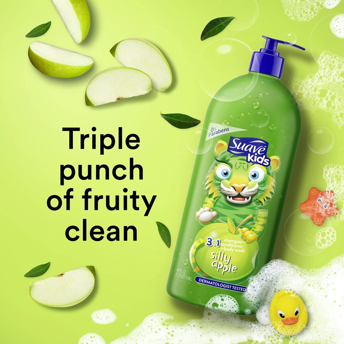 ⁦Suave Kids 3 in 1 Silly Apple Shampoo, Conditioner & Body Wash 1.18L – Tear-Free Kids 3-in-1 Gentle Cleansing Formula⁩ - الصورة ⁦4⁩